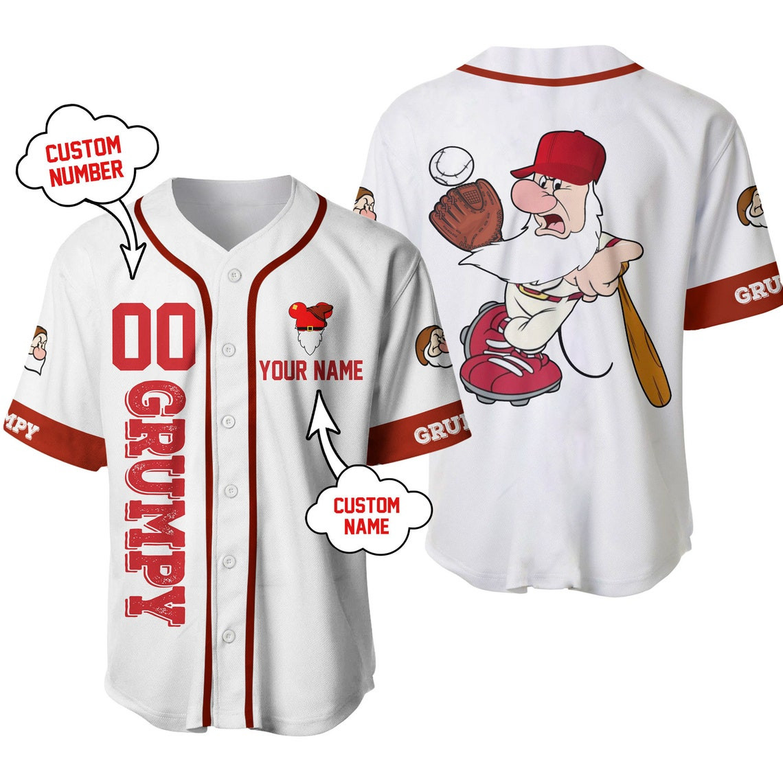 Grumpy Dwarf White Dark Red Disney Unisex Cartoon Custom Baseball Jersey Personalized Shirt Men Women