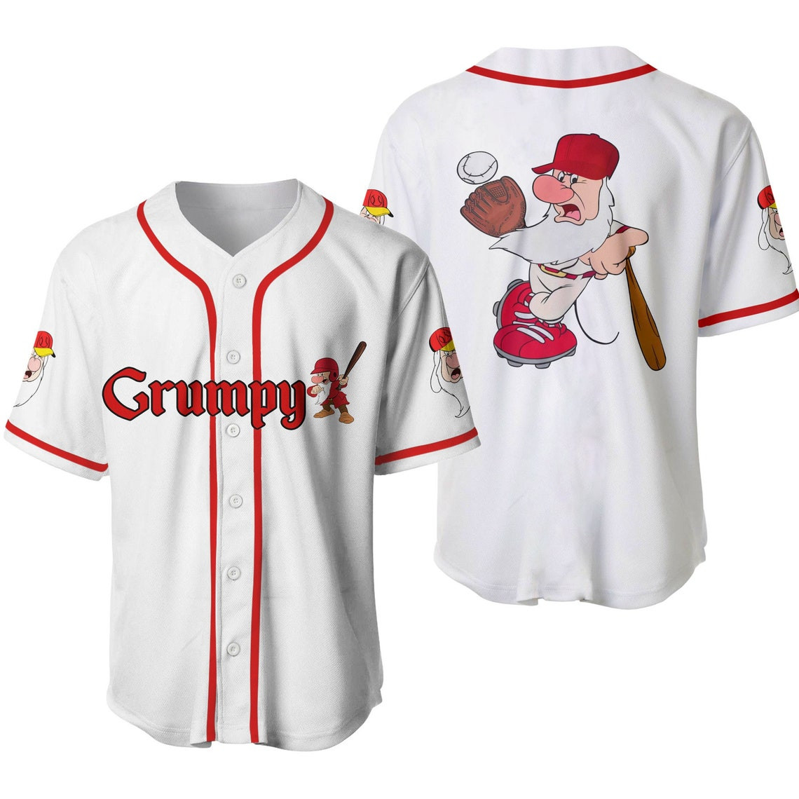 Grumpy Dwarf White Red Disney Unisex Cartoon Custom Baseball Jersey Personalized Shirt Men Women