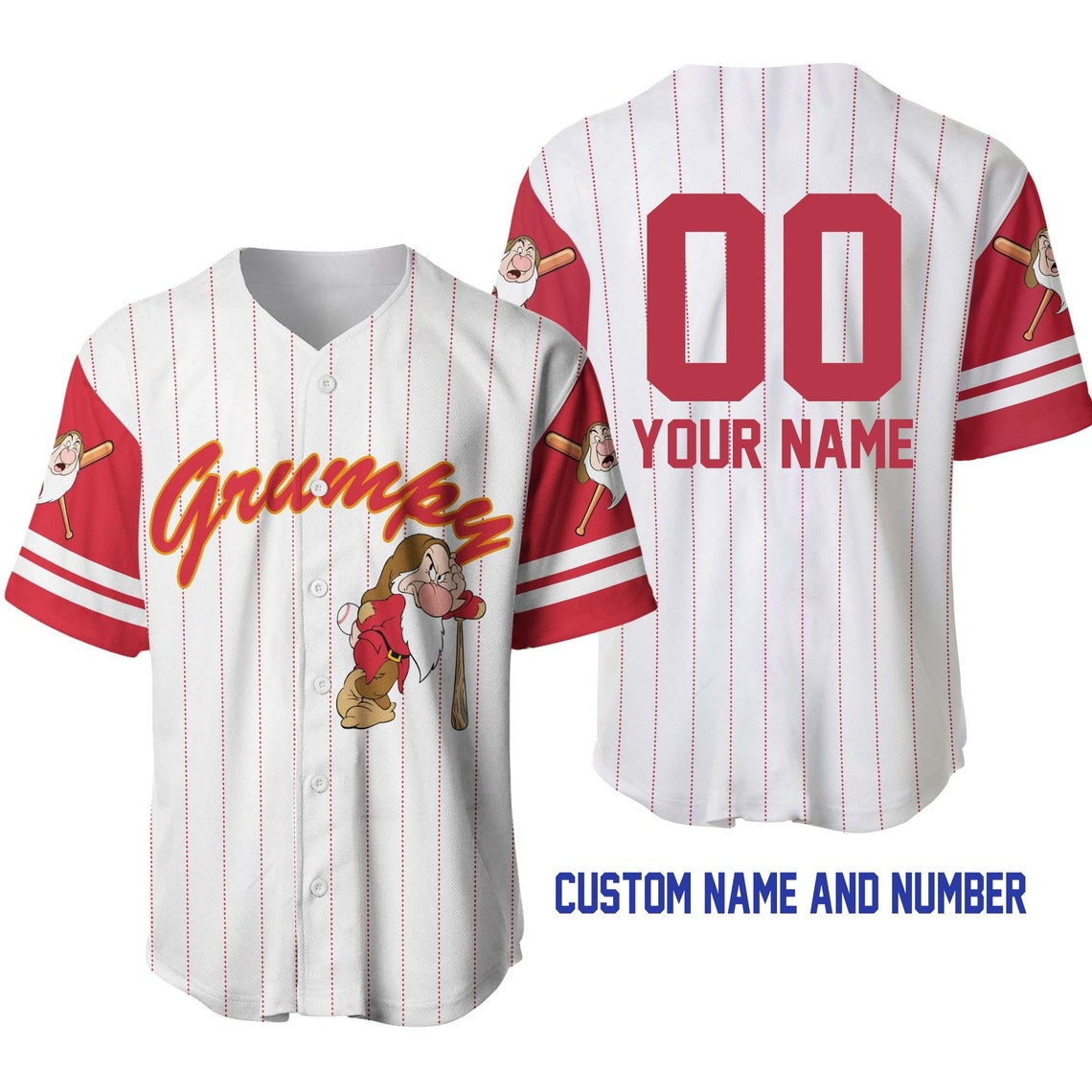 Grumpy Dwarf White Red Disney Unisex Cartoon Custom Baseball Jersey Personalized Shirt Men Women