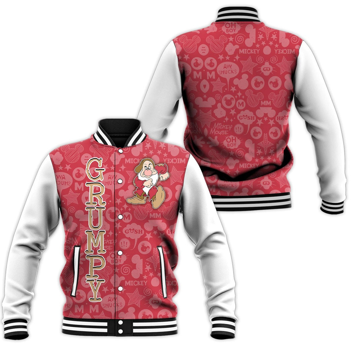 Grumpy Red White Disney Cartoon Personalized Baseball Jacket for Men Women