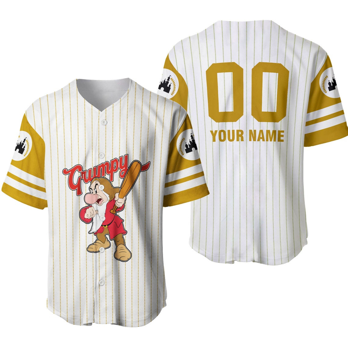 Grumpy Yellow White Disney Unisex Cartoon Custom Name Number Baseball Jersey Personalized Shirt Men Women Kid