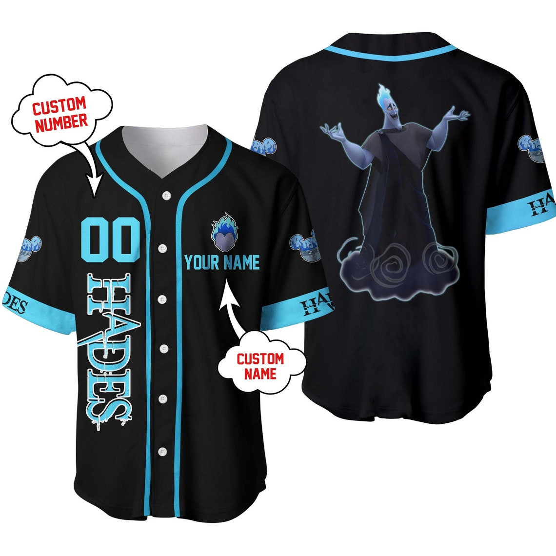 Hades Black Blue Disney Unisex Cartoon Custom Baseball Jersey Personalized Shirt Men Women