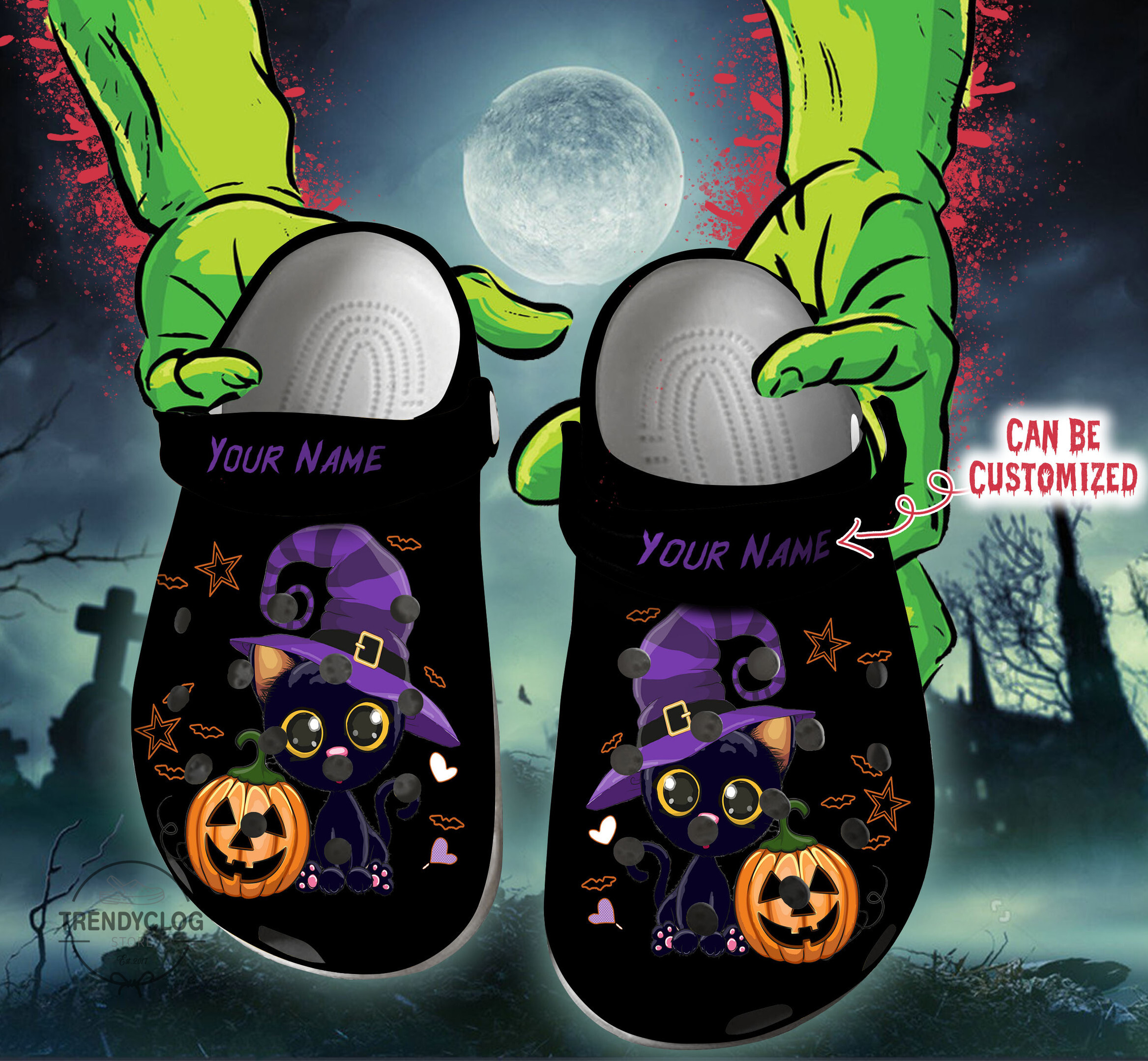 Halloween Crocs - Personalized Black Cat Halloween Clog Shoes