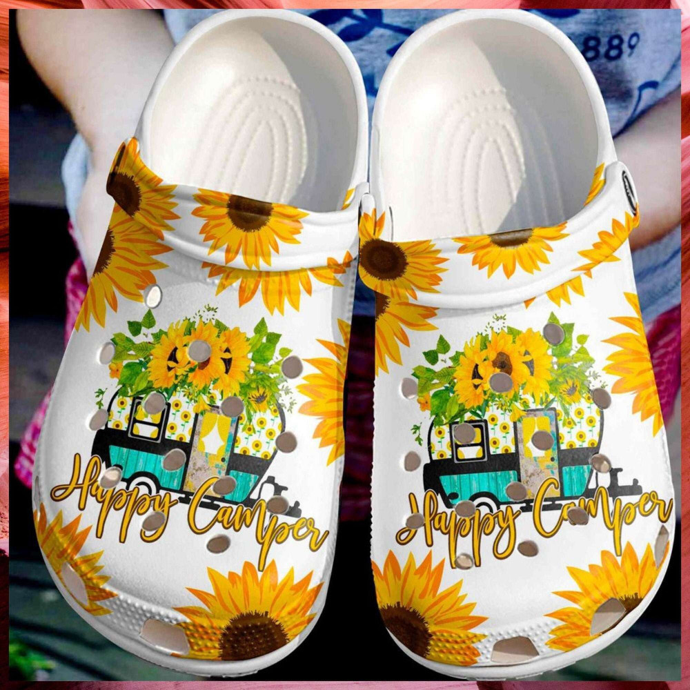 Happy Camper Sunflower Rubber Crocs Clog Shoes Comfy Footwear