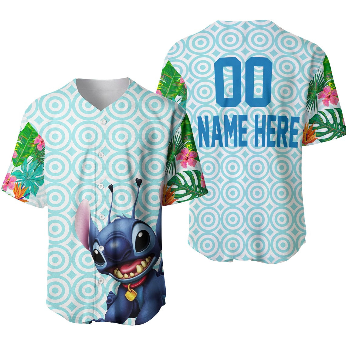Hawaiian Stitch Flowery Pattern Blue Disney Unisex Cartoon Custom Baseball Jersey Personalized Shirt Men Women