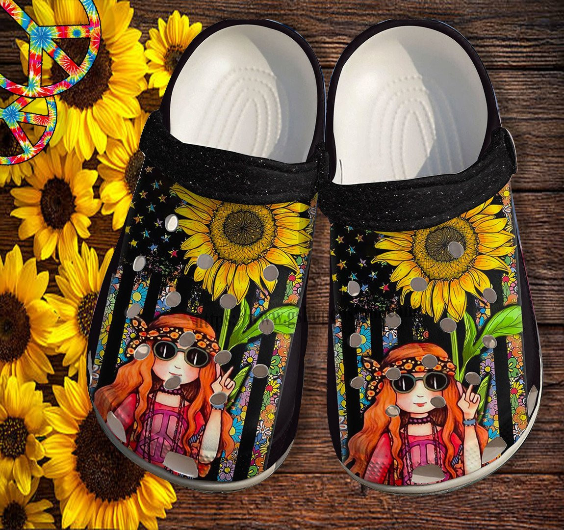 Hippie Daughter Gifts Sunflower Hippie Girl Croc Shoes Customize - America Flag Hippie Sunflower Shoes Croc Clogs
