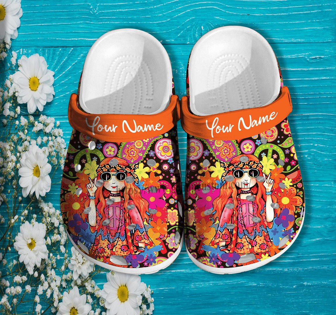 Hippie Girl Peace Orange Crocs Shoes Birthday Gift Daughter Niece- Hippie Flower Peace Girl Shoes Croc Clogs Customize