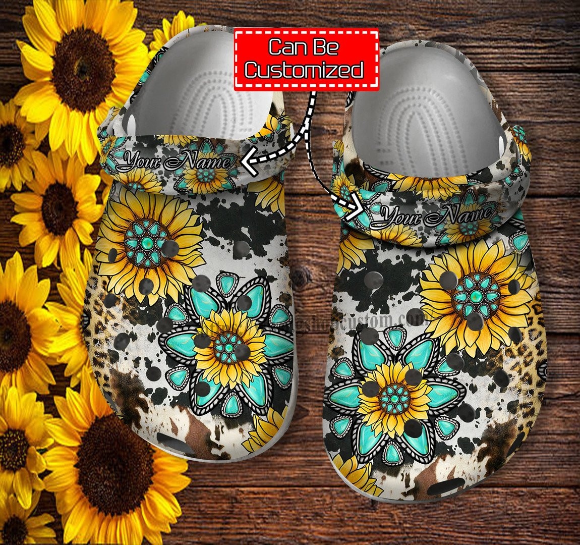 Hippie Sunflower Leopard Cow Skin Crocs Shoes Gift Women Daughter- Sunflower God Bless Boho Shoes Croc Clogs Customize