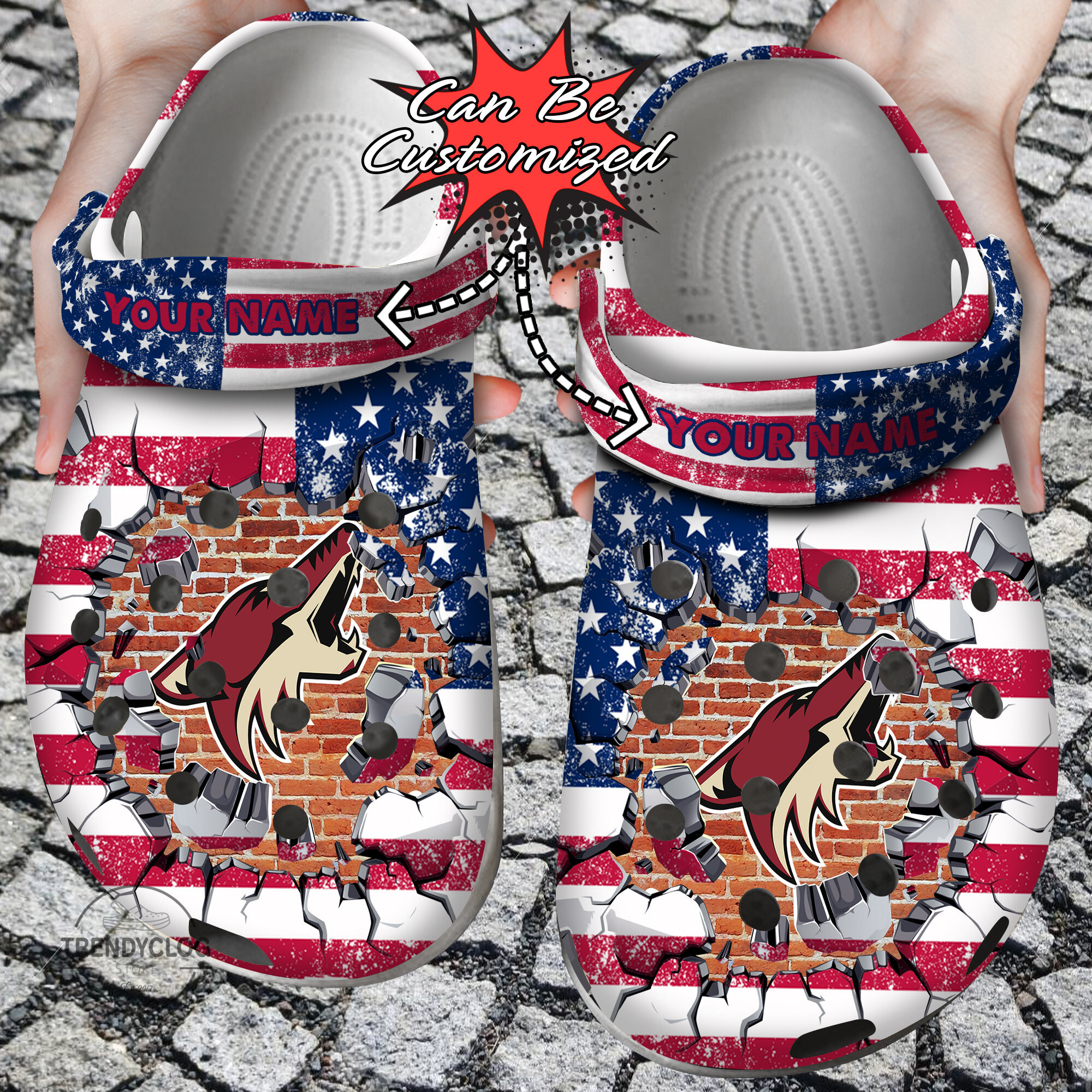 Hockey Crocs Personalized ACoyotes American Flag Breaking Wall Clog Shoes