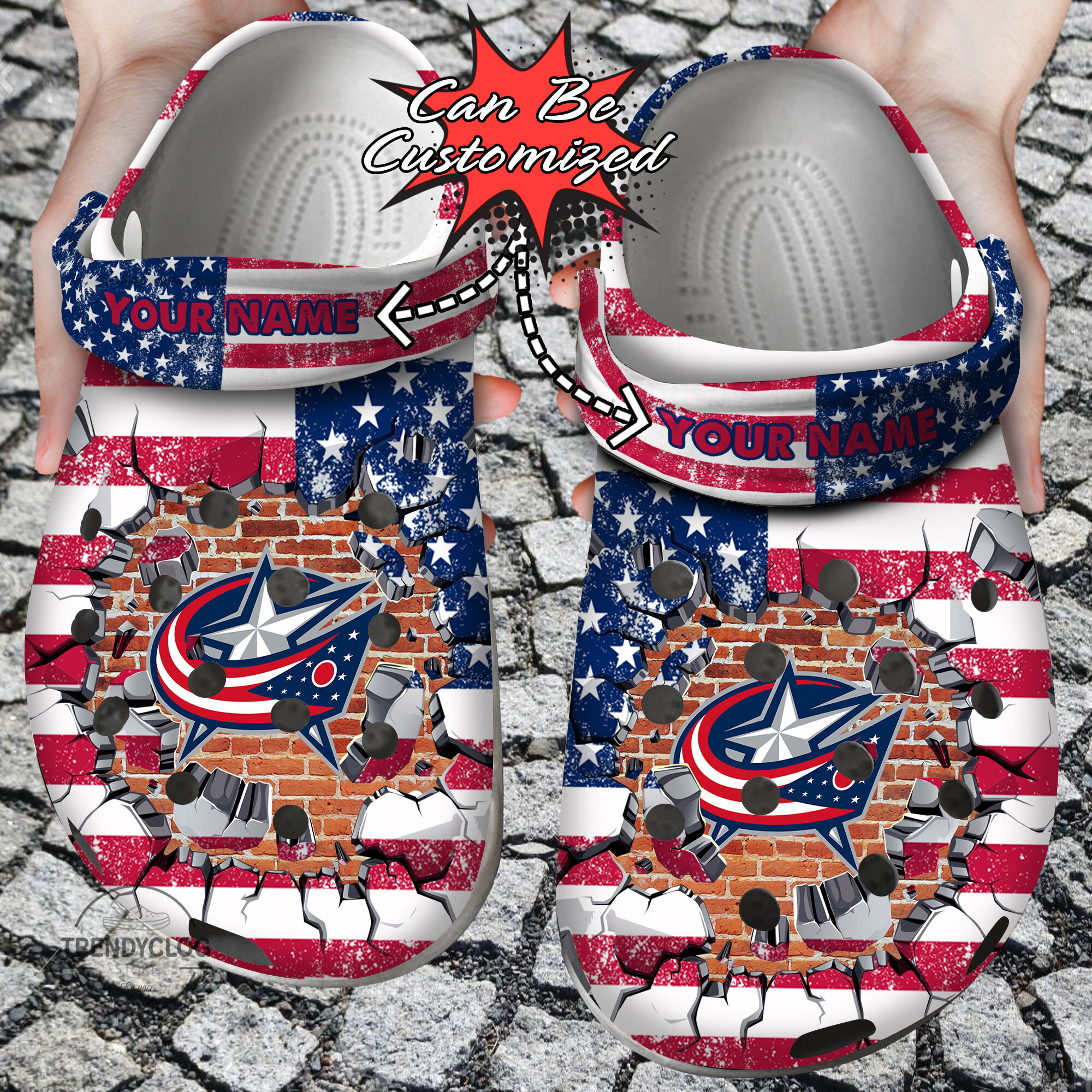 Hockey Crocs Personalized CBlue Jackets American Flag Breaking Wall Clog Shoes