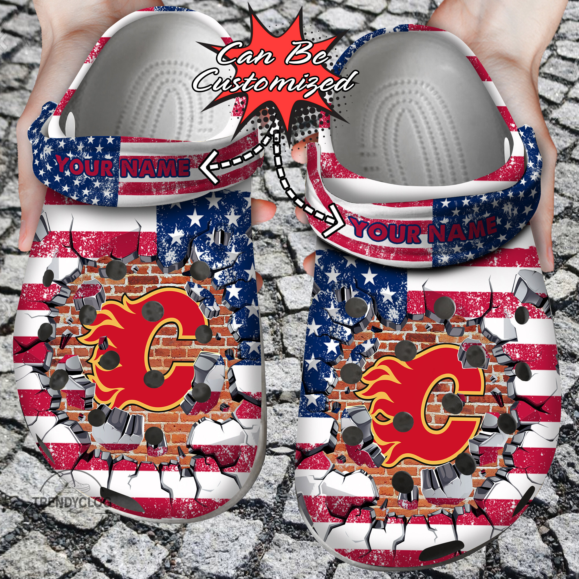 Hockey Crocs Personalized CFlames American Flag Breaking Wall Clog Shoes