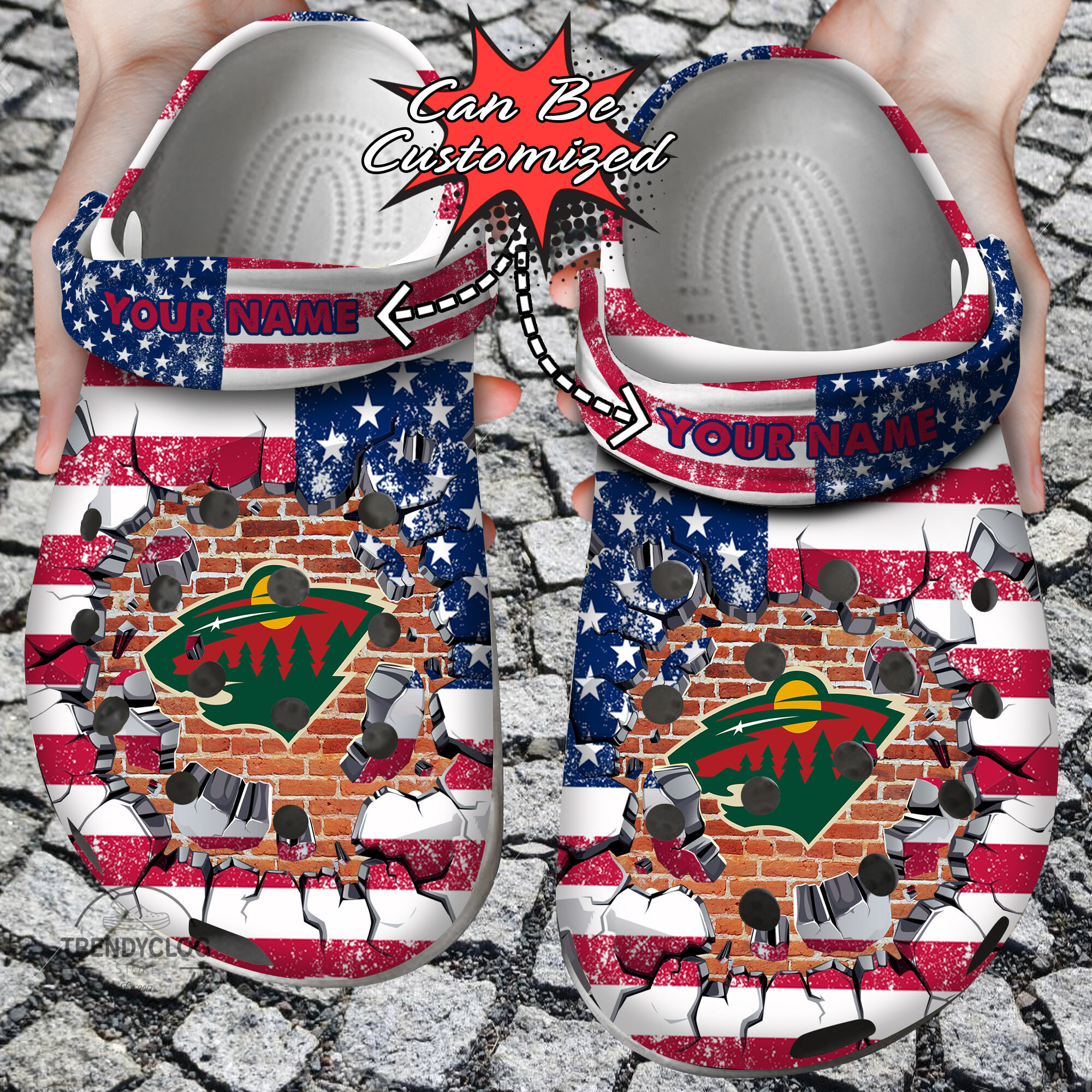 Hockey Crocs Personalized MWild American Flag Breaking Wall Clog Shoes