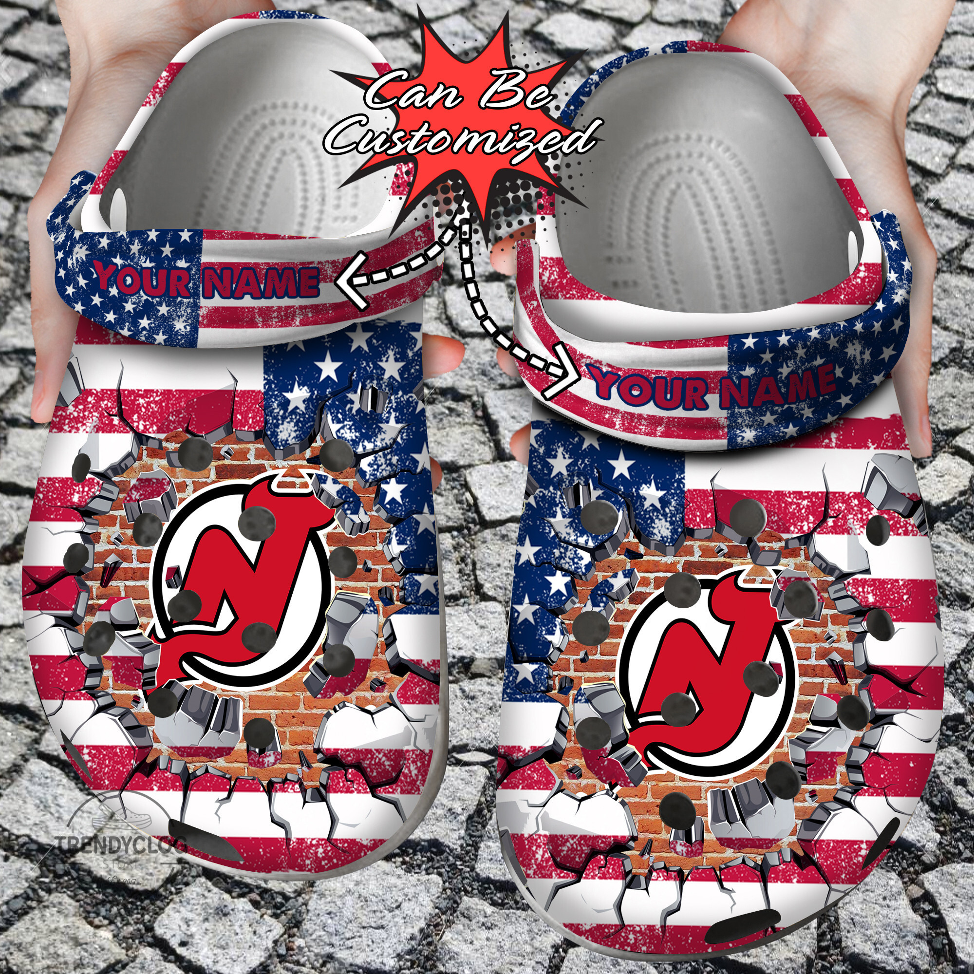 Hockey Crocs Personalized NJ Devils American Flag Breaking Wall Clog Shoes