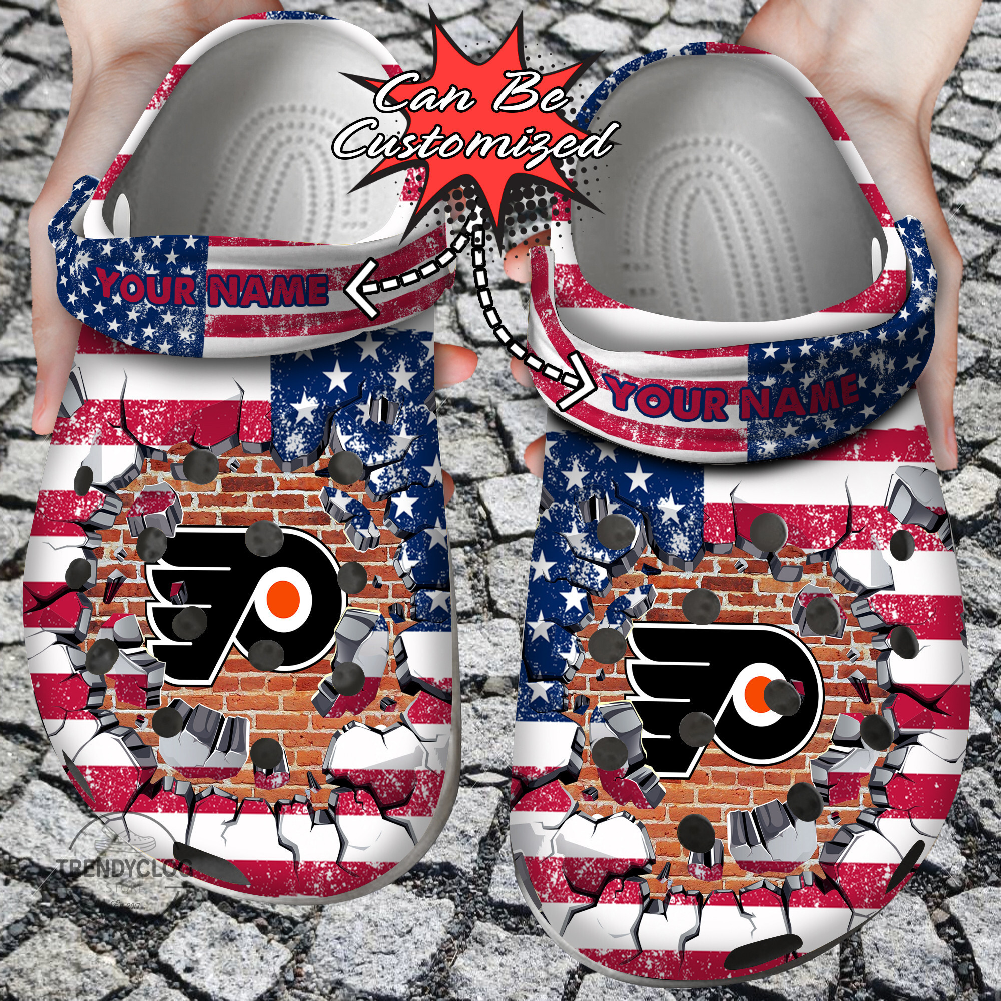 Hockey Crocs Personalized PFlyers American Flag Breaking Wall Clog Shoes