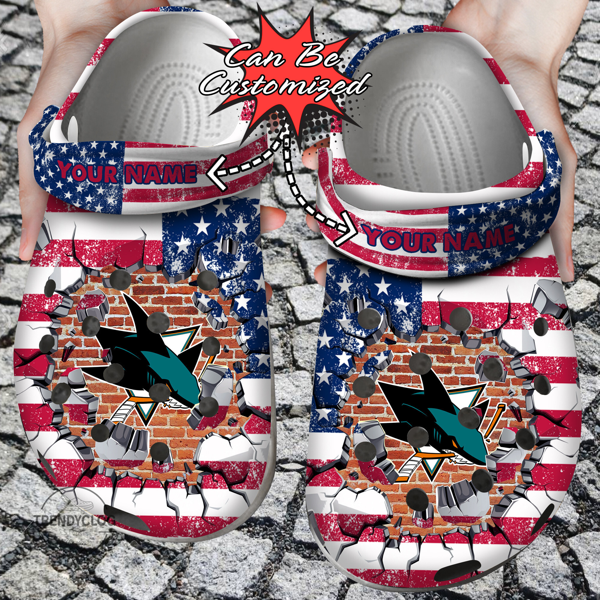 Hockey Crocs Personalized SJ Sharks American Flag Breaking Wall Clog Shoes