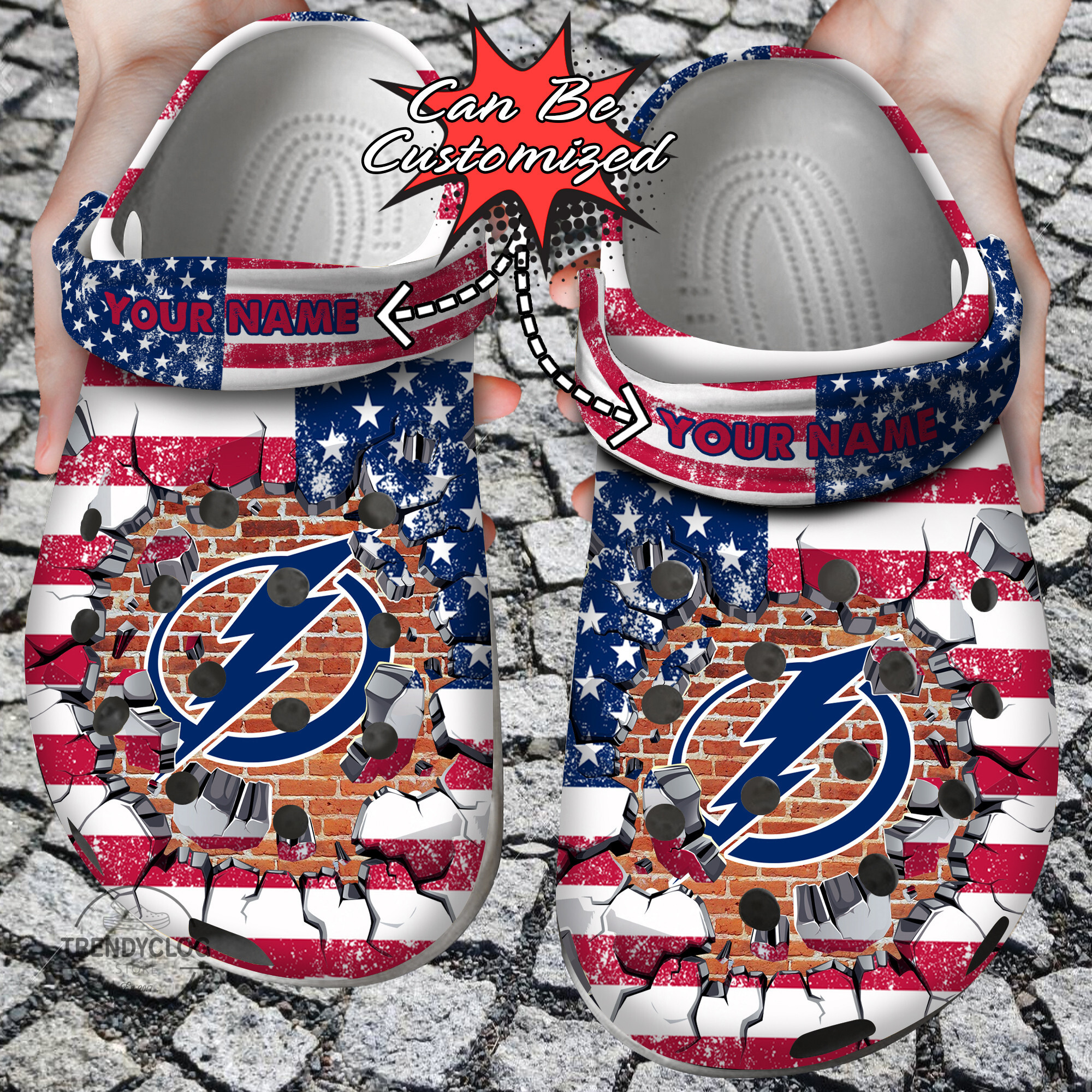 Hockey Crocs Personalized TB Lightning American Flag Breaking Wall Clog Shoes