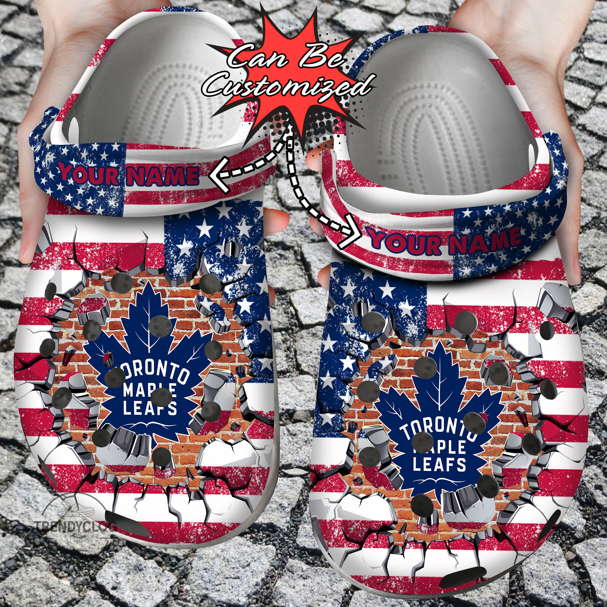 Hockey Crocs Personalized TMaple Leafs American Flag Breaking Wall Clog Shoes