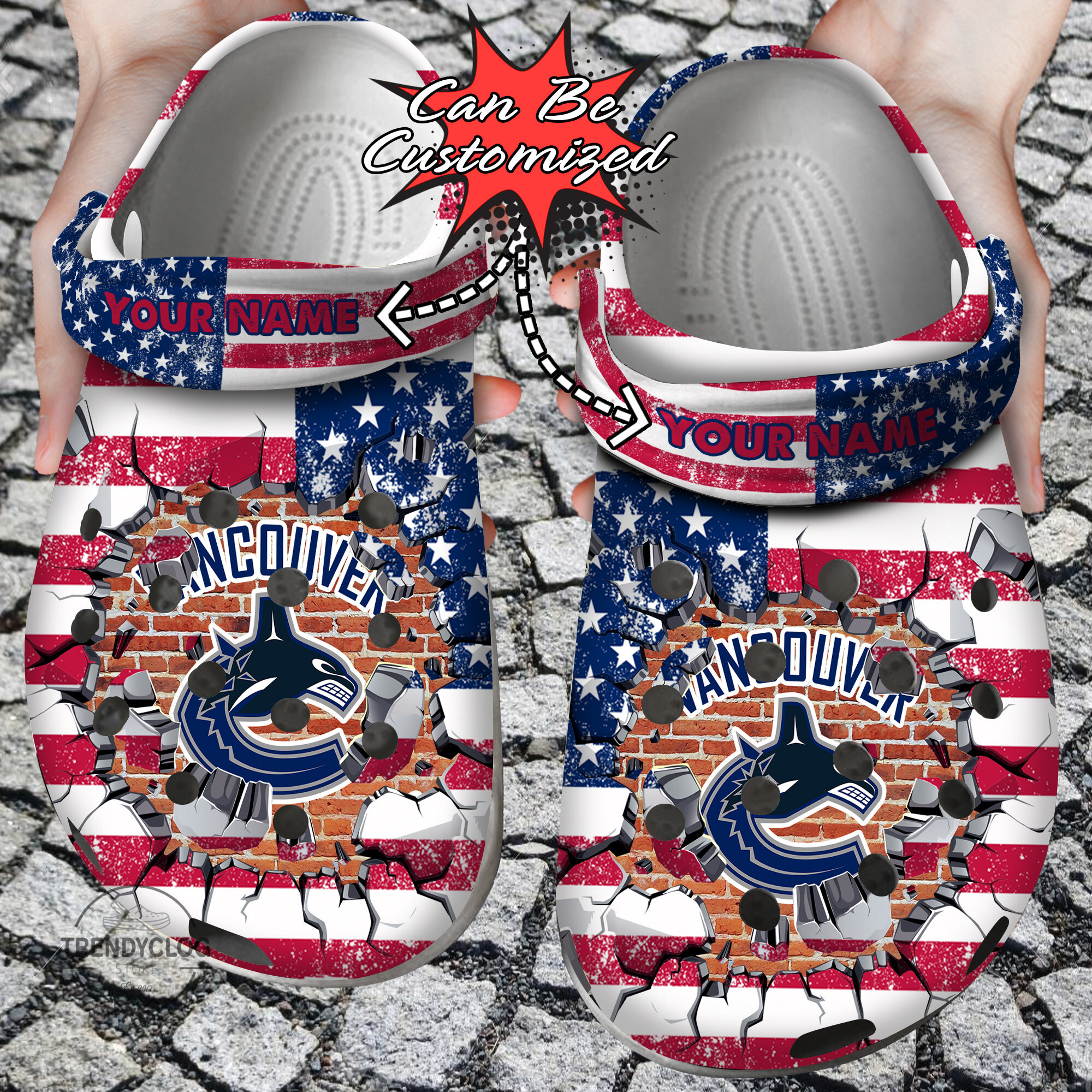 Hockey Crocs Personalized VCanucks American Flag Breaking Wall Clog Shoes