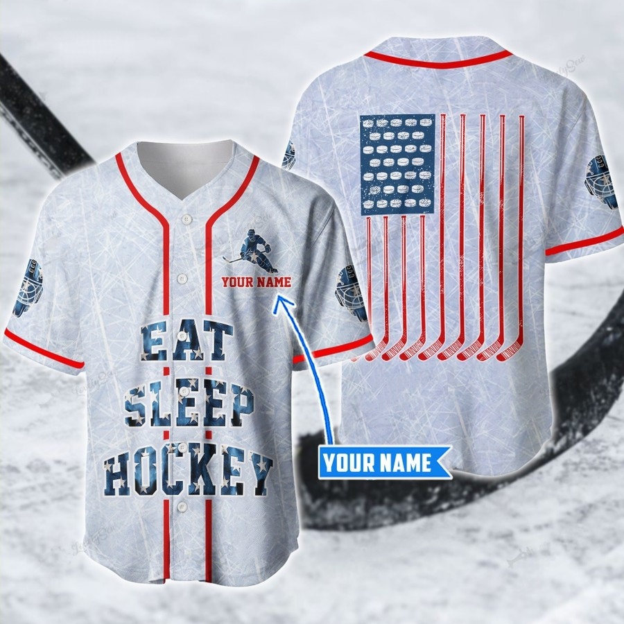 Hockey Eat Sleep Flag Custom Name Baseball Jersey, Unisex Jersey Shirt for Men Women