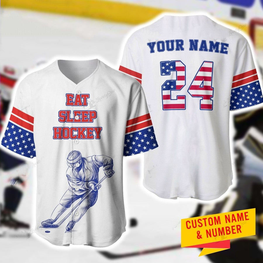 Hockey Eat Sleep Player Personalized And Number Baseball Jersey, Unisex Jersey Shirt for Men Women