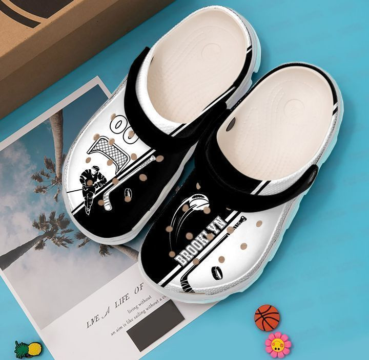 Hockey Personalized Black And White Crocs Clog Shoes