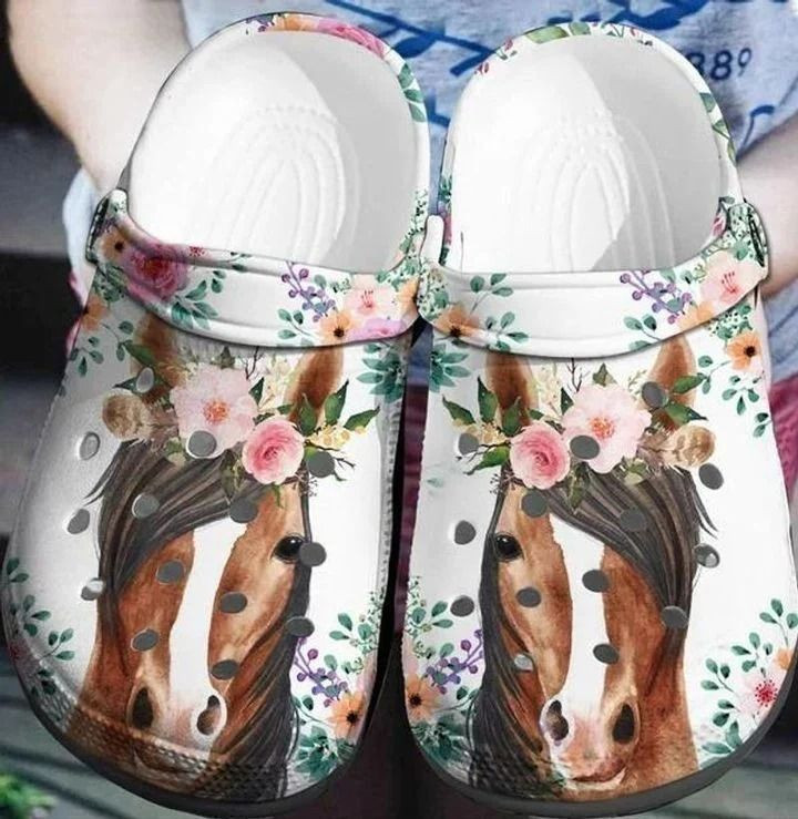 Horse Flowers Crocs Crocband Clog Comfortable For Mens Womens Classic Clog Water Shoes Clog