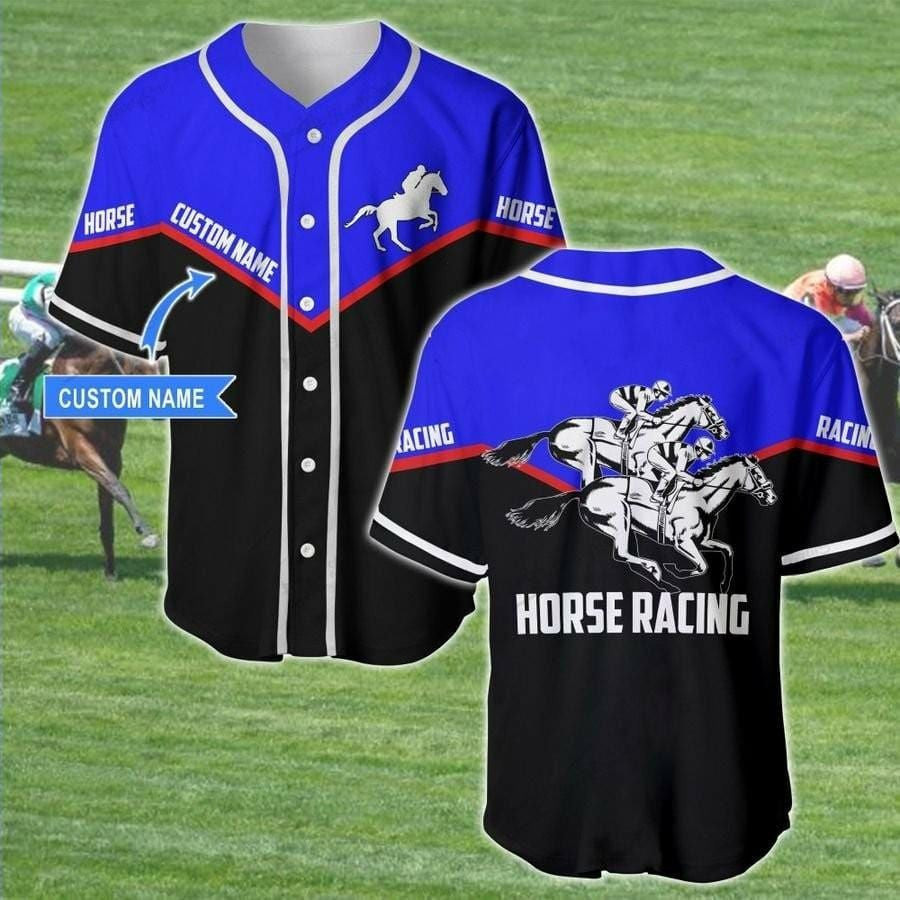 Horse Racing Black And Blue Personalized Baseball Jersey, Unisex Jersey Shirt for Men Women