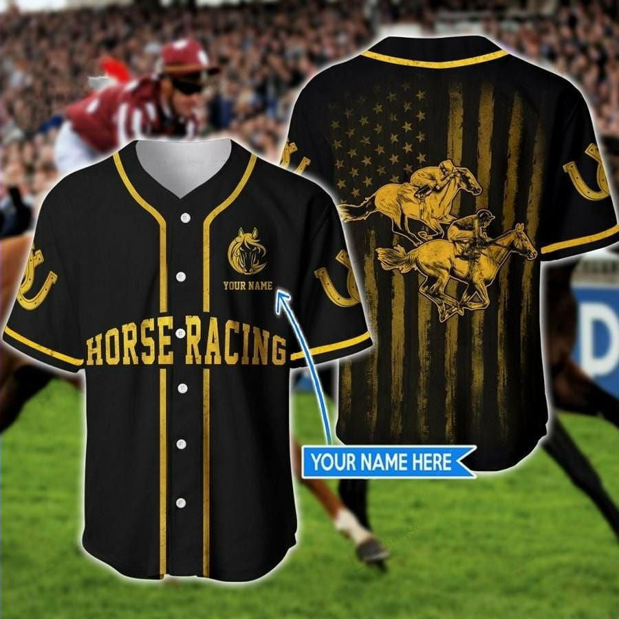 Horse Racing Golden Personalized Baseball Jersey, Unisex Jersey Shirt for Men Women