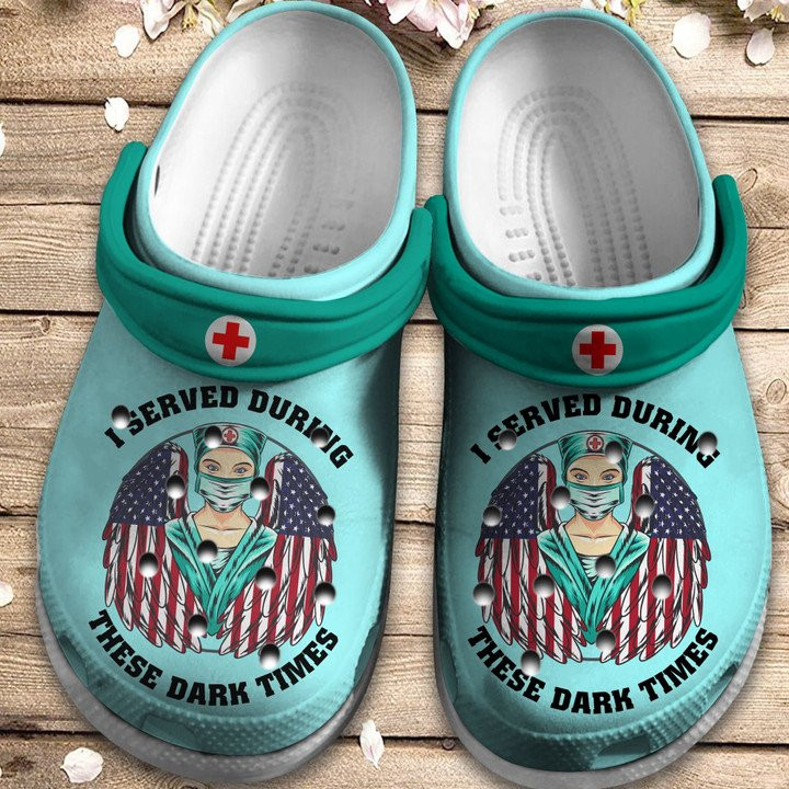 I Served During These Dark Shoes USA Nurse Angle Wing Crocs Clogs Gift Dark