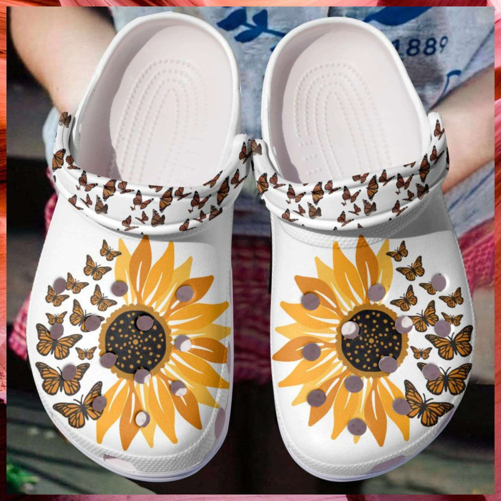 Immemse Butterflies With Sunflowers Rubber Crocs Clog Shoes Comfy Footwear