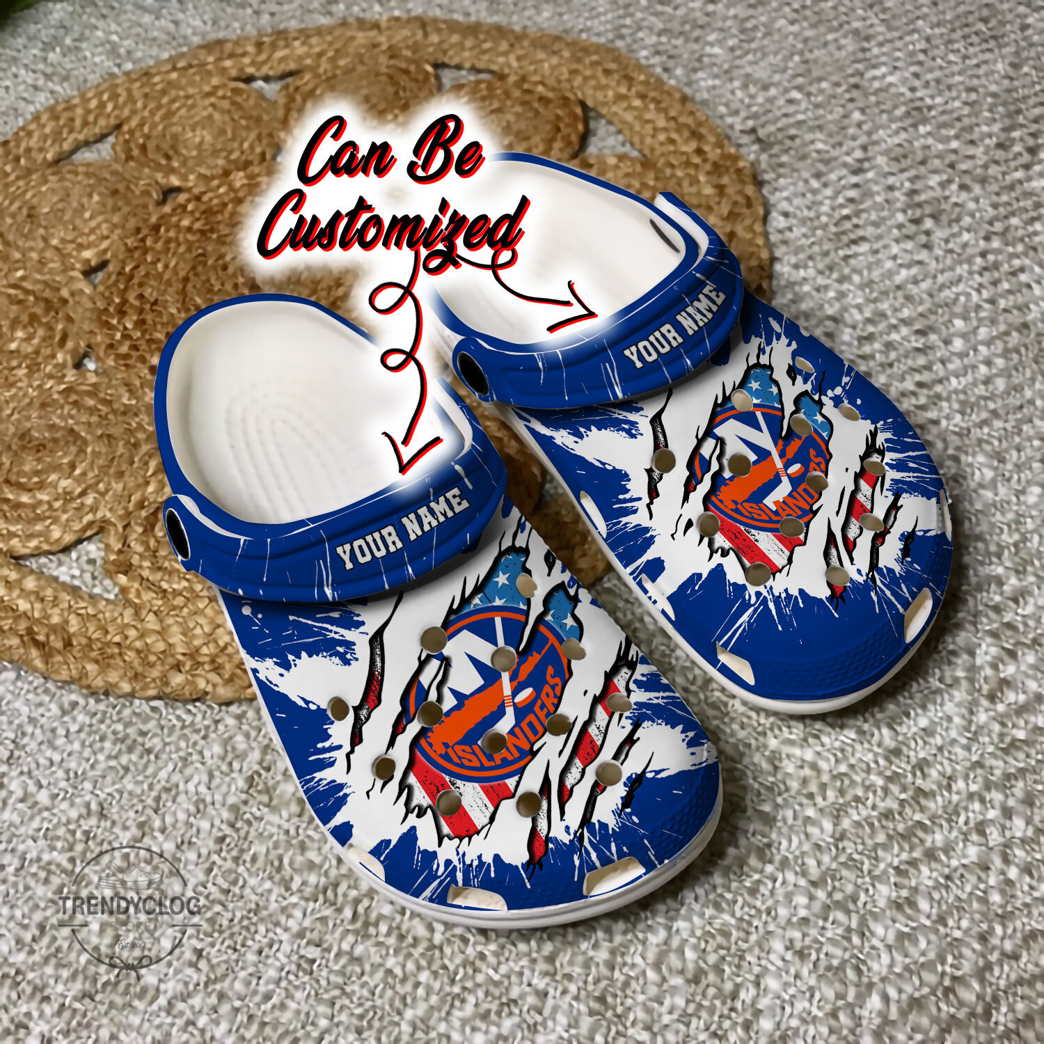 Islanders Crocs Personalized NY Islanders Hockey Ripped American Flag Clog Shoes