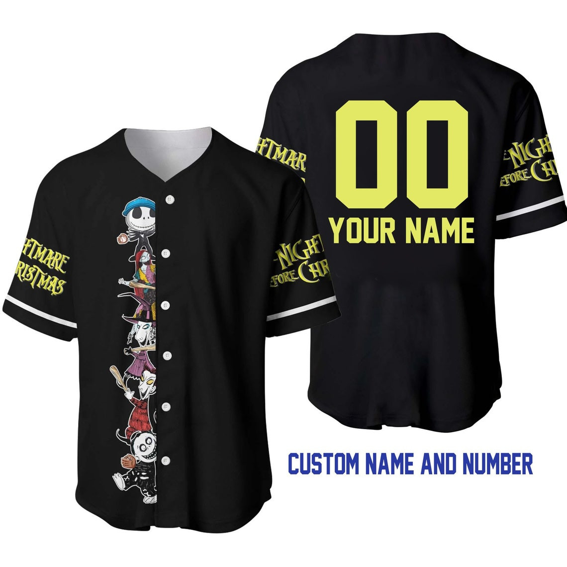 Jack Sally Christmas Black Yellow Disney Unisex Cartoon Custom Baseball Jersey Personalized Shirt Men Women