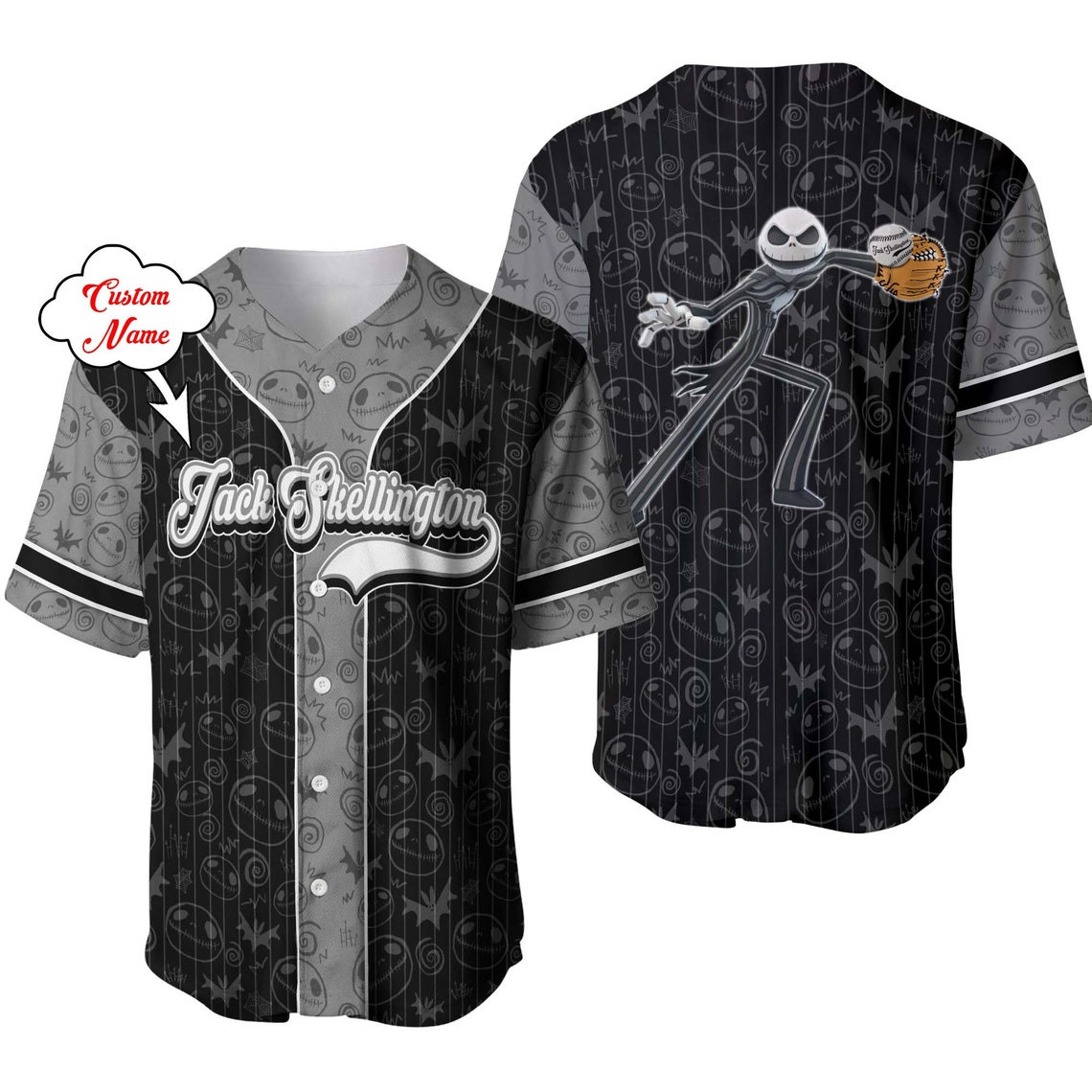 Jack Skellington Black Gray Patterns Disney Unisex Cartoon Custom Baseball Jersey Personalized Shirt Men Women