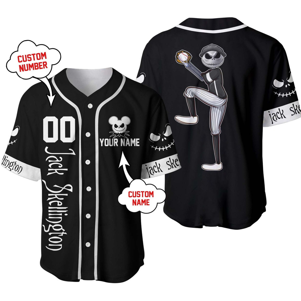 Jack Skellington Black White Disney Unisex Cartoon Custom Baseball Jersey Personalized Shirt Men Women