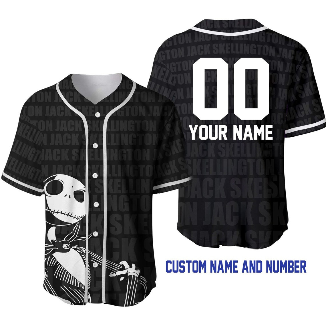 Jack Skellington Black White Disney Unisex Cartoon Custom Baseball Jersey Personalized Shirt Men Women