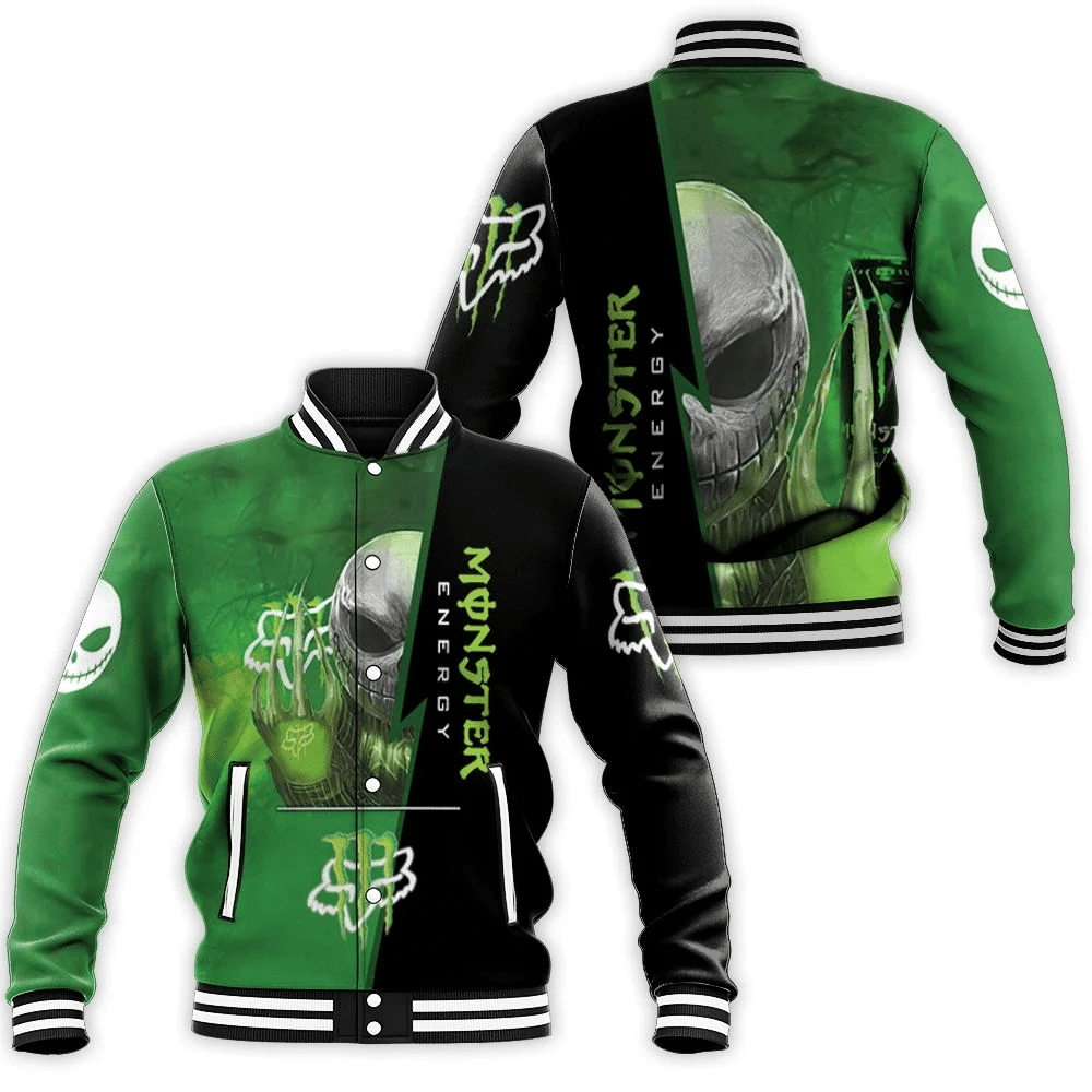 Jack Skellington Hold Monster Energy Logo 3d Baseball Jacket for Men Women