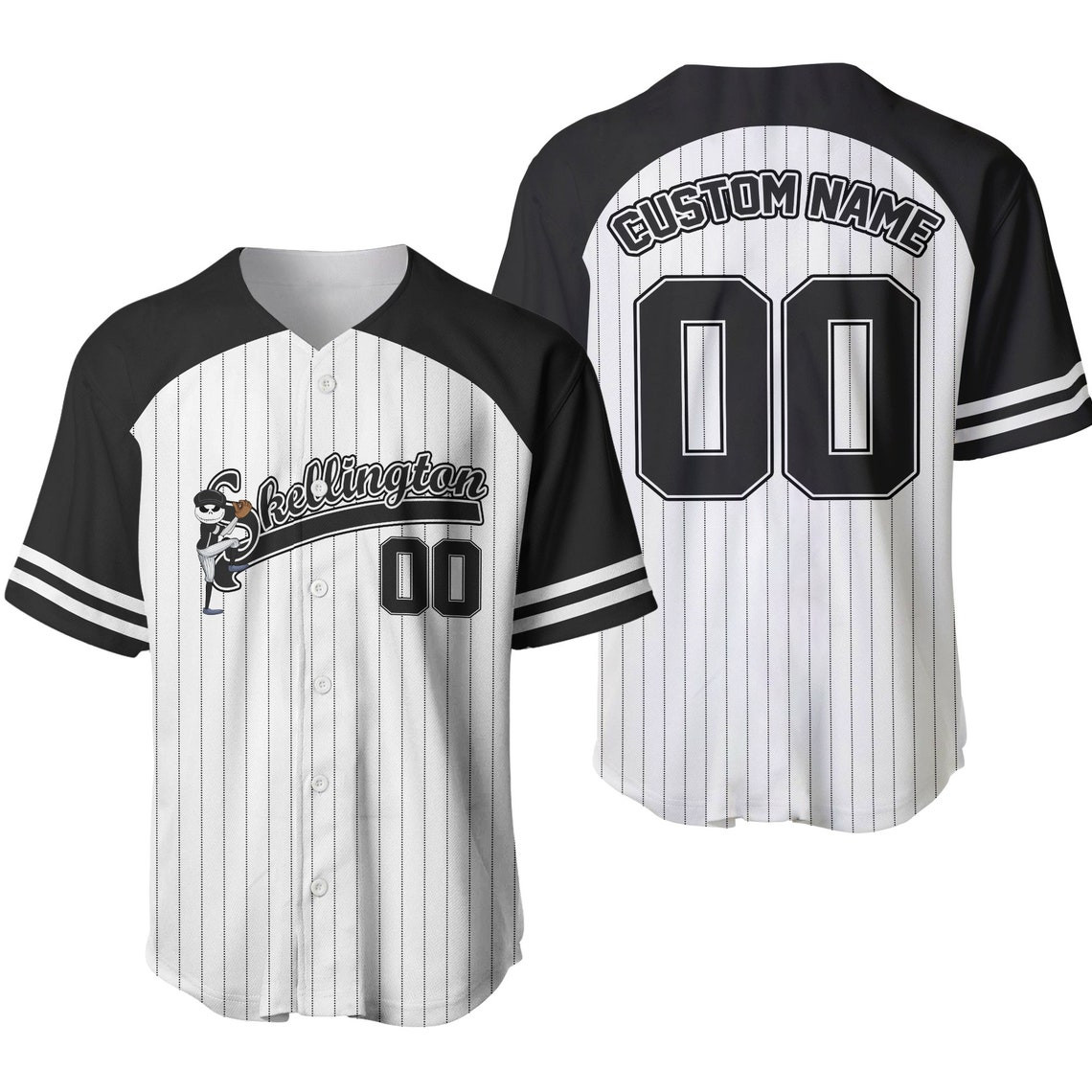 Jack Skellington Striped Black White Unisex Cartoon Custom Baseball Jersey Personalized Shirt Men Women