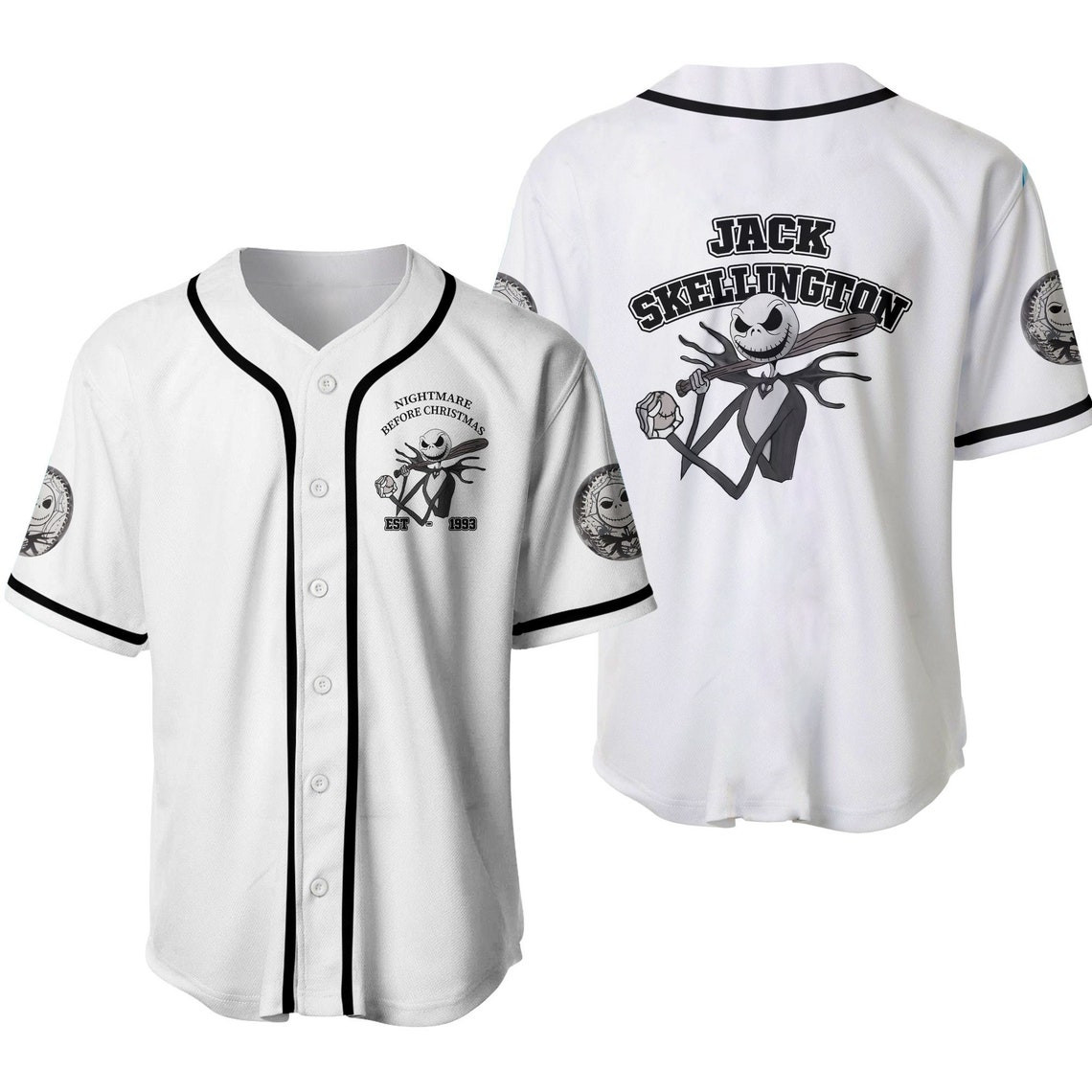 Jack Skellington The Nightmare Before Christmas Black White Disney Unisex Casual Outfits Custom Baseball Jersey Personalized Shirt Men Women