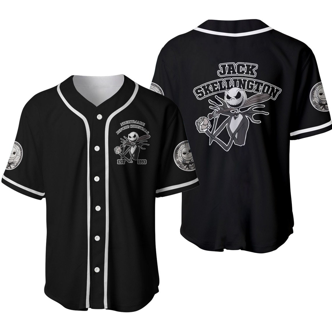 Jack Skellington White Black Disney Cartoons Graphics Unisex Casual Outfits Custom Baseball Jersey Personalized Shirt Men Women