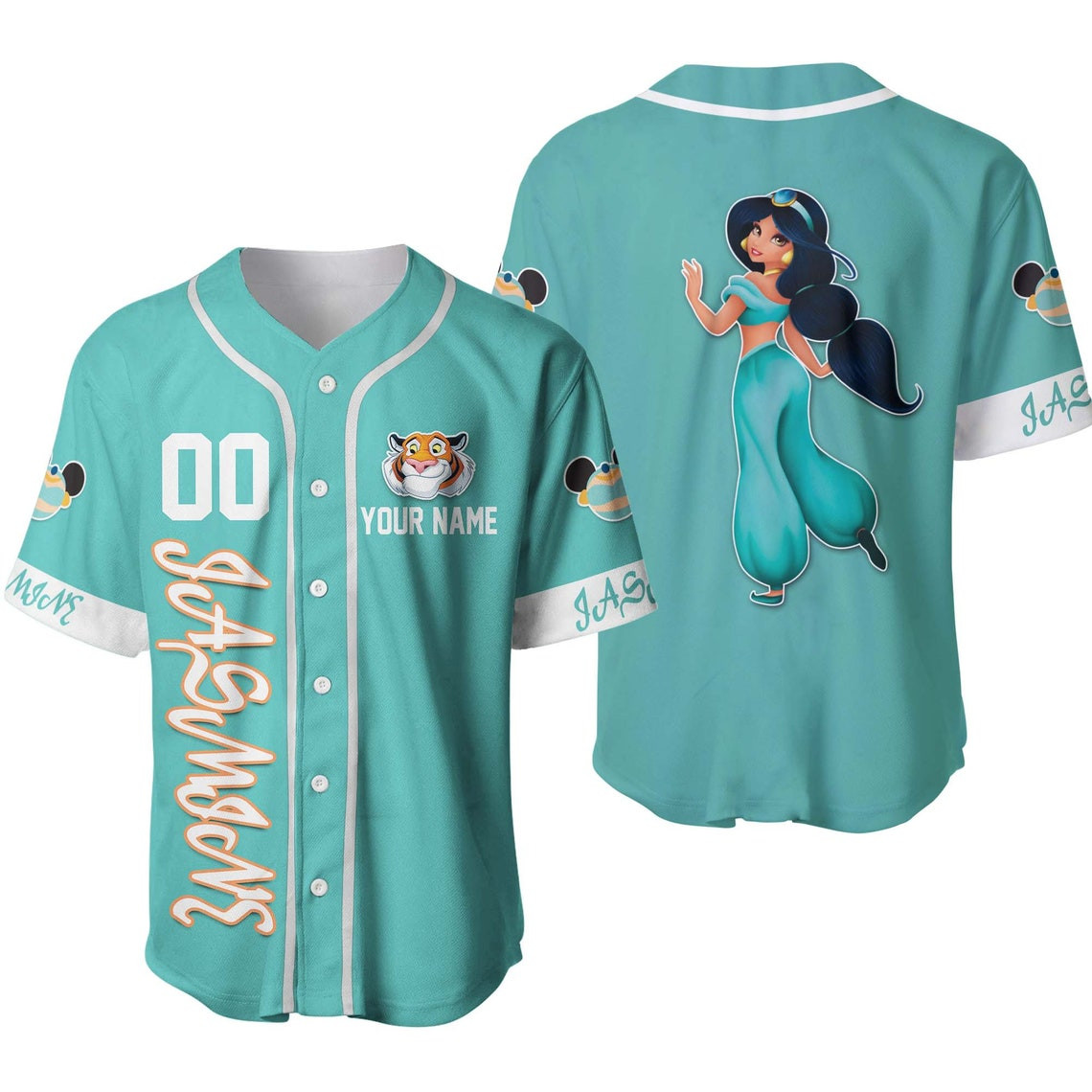 Jasmine Princess Rajah Tiger Mint White Disney Unisex Cartoon Custom Baseball Jersey Personalized Shirt Men Women