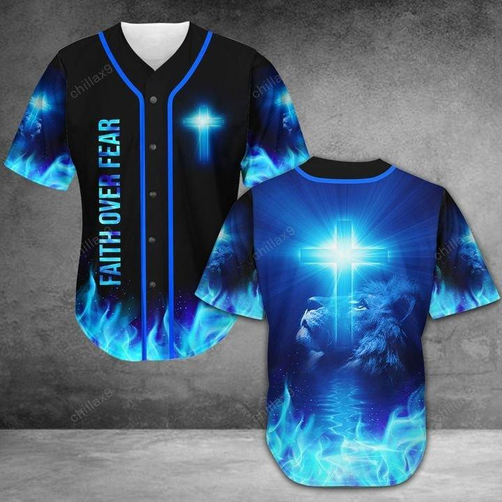 Jesus Faith Over Fear Lion Blue Light Personalized 3d Baseball Jersey kv