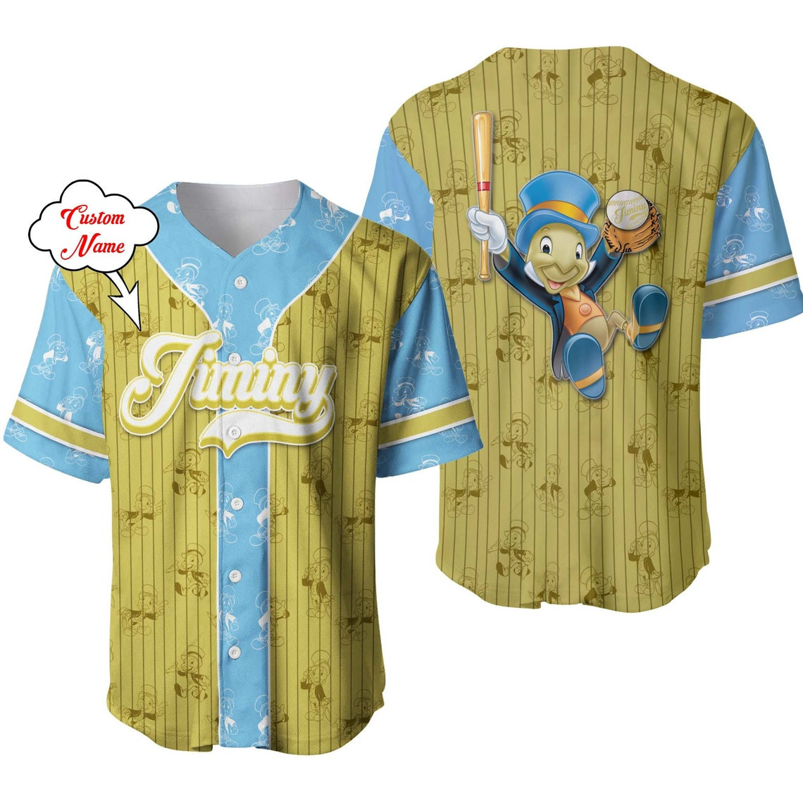 Jiminy Cricket Dark Green Blue Patterns Disney Unisex Cartoon Custom Baseball Jersey Personalized Shirt Men Women