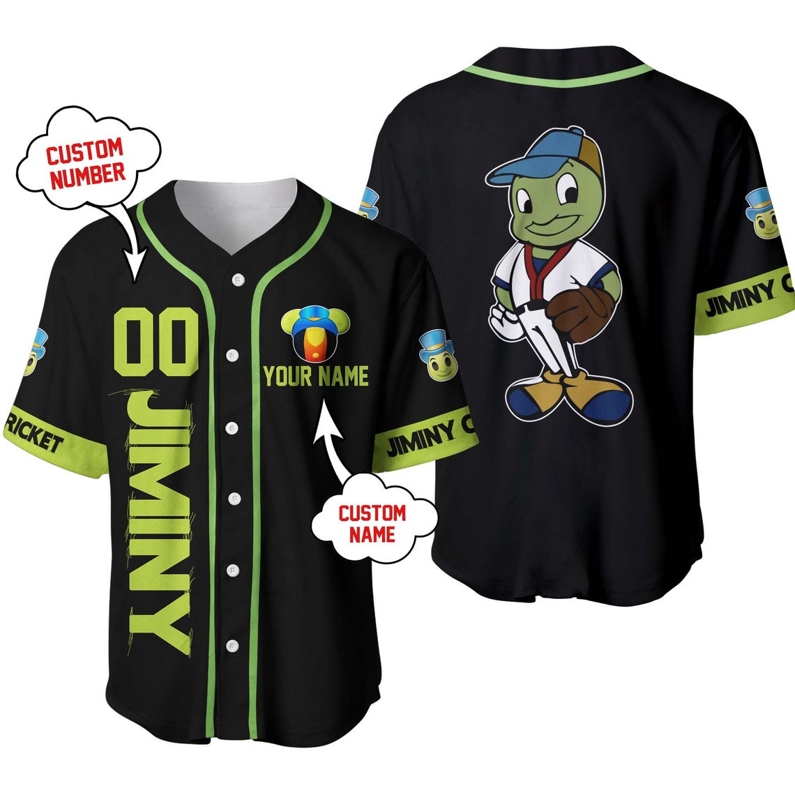 Jiminy Cricket Green Black Disney Unisex Cartoon Custom Baseball Jersey Personalized Shirt Men Women