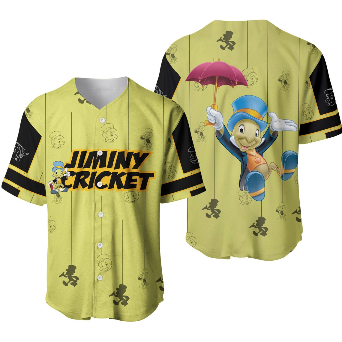 Jiminy Cricket Green Yellow Blue Stripes Patterns Disney Unisex Cartoon Casual Outfits Custom Baseball Jersey Personalized Shirt Men Women