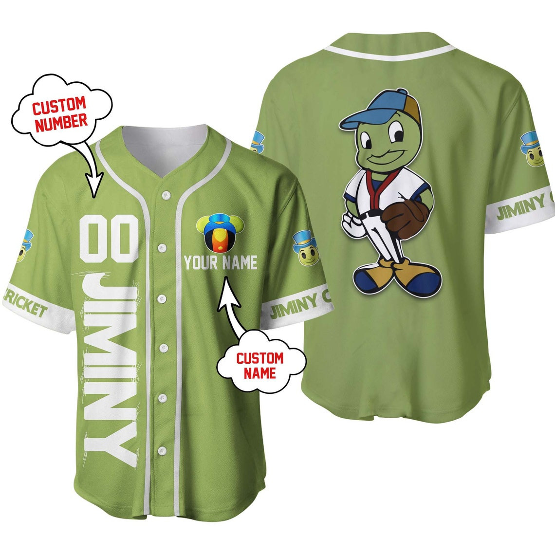 Jiminy Cricket Olive Green White Disney Unisex Cartoon Custom Baseball Jersey Personalized Shirt Men Women