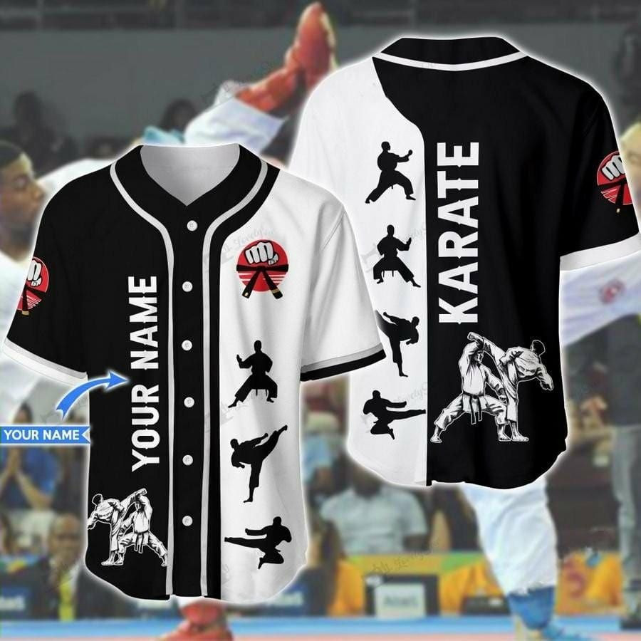 Karate Black And White Custom Name Baseball Jersey