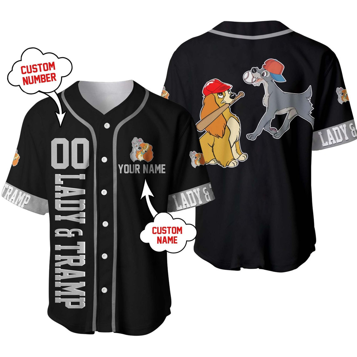 Lady And The Tramp Black Grey Disney Unisex Cartoon Custom Baseball Jersey Personalized Shirt Men Women