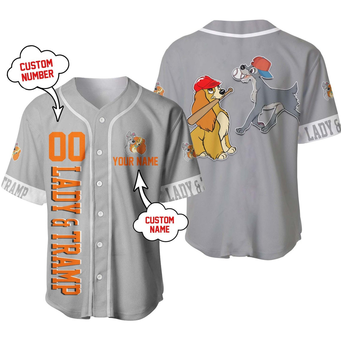Lady And The Tramp Dogs Gray Orange Disney Unisex Cartoon Custom Baseball Jersey Personalized Shirt Men Women