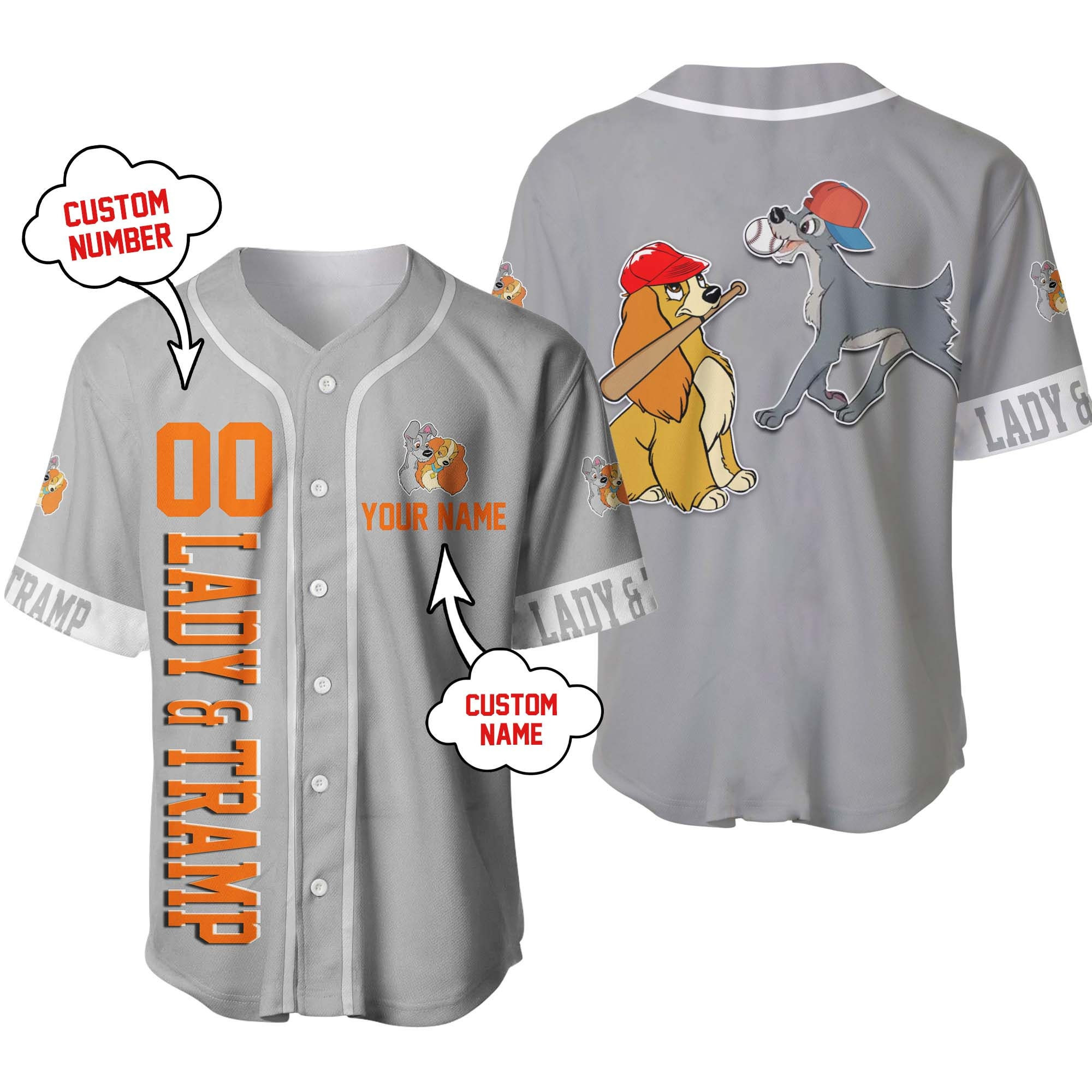 Lady  The Tramp Gray Disney Personalized Unisex Cartoon Custom Baseball Jersey