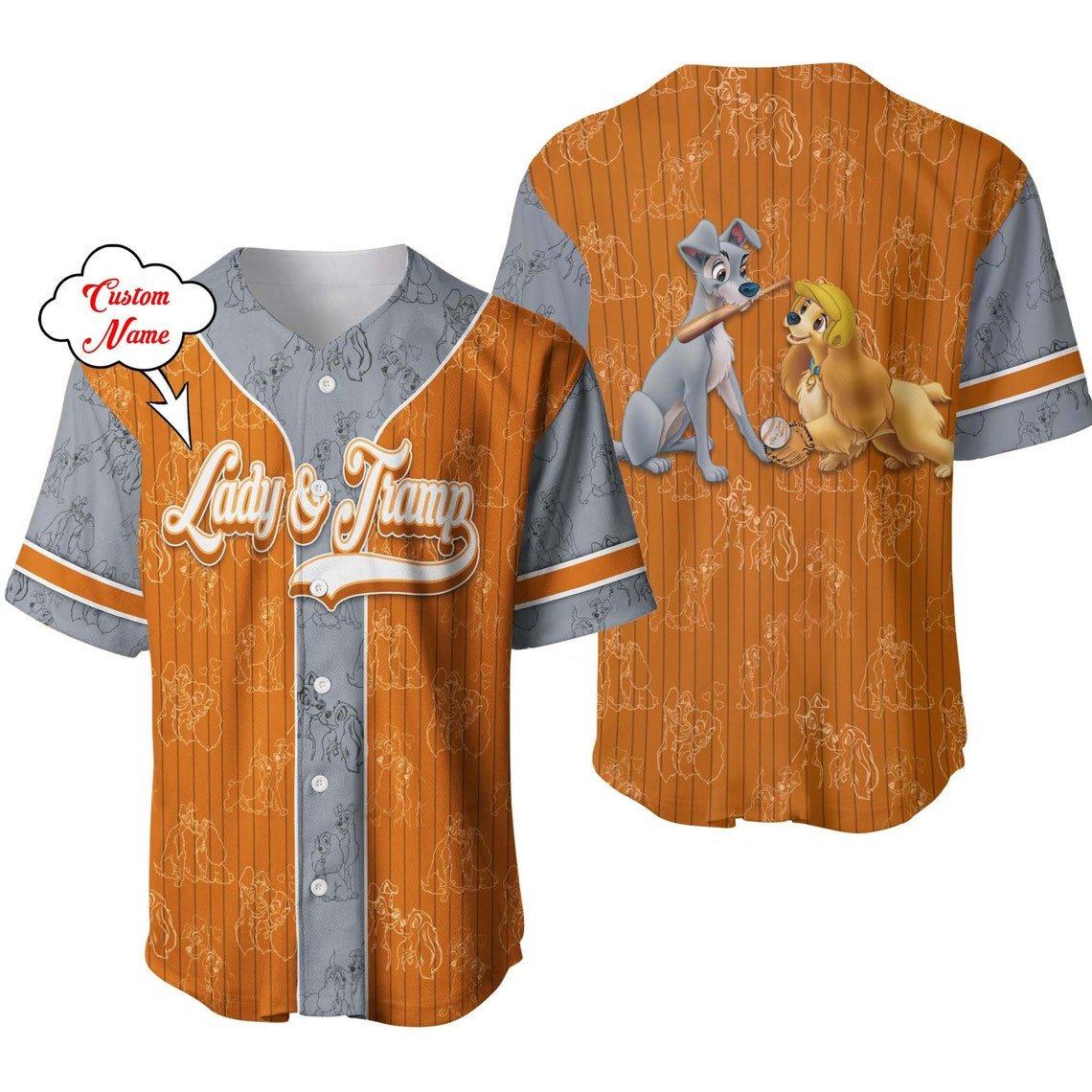 Lady The Tramp Orange Gray Patterns Disney Unisex Cartoon Custom Baseball Jersey Personalized Shirt Men Women